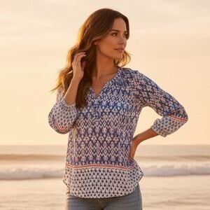 beachlunchlounge Blue Ikat Print Split-Neck Blouse coastal boho size S